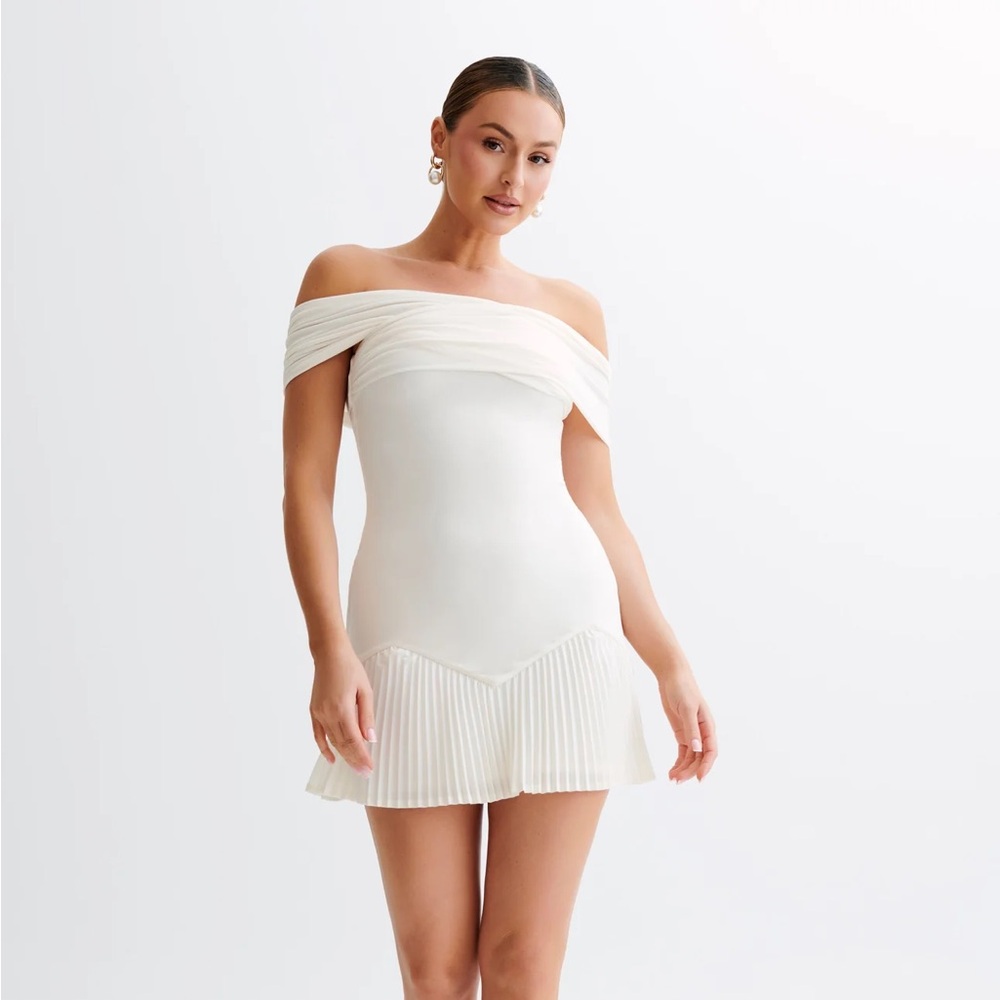 Meshki - MELINA Slinky Off Shoulder Mini Dress - Ivory BRAND NEW